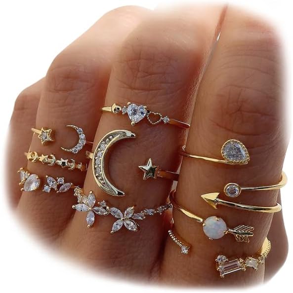KISS WIFE Golden Stackable Moon Star Knuckle Rings Set for Women, Boho Dainty Lightweight Stacking Rings, Vintage Midi Rings Pack, Trendy Jewelry - Image 2