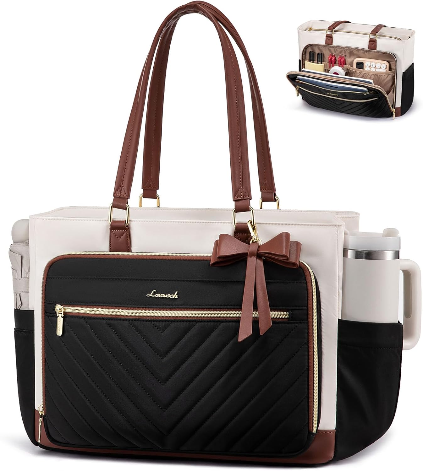 LOVEVOOK Teacher Tote Bag for Women, Work Bags Laptop Bag with Large Cup Holder, Quilted Nurse Bag Diaper Tote with Multi-Pockets, Large Computer Handbag Purse for Bussiness Travel, Office, College - Image 2