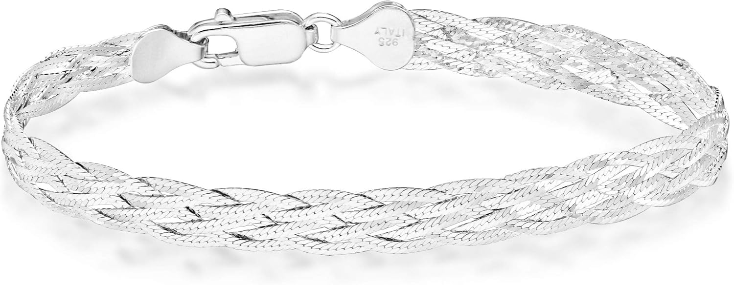 Miabella Italian 925 Sterling Silver, Tri-Color 18K Gold Plated 6-Strand Diamond-Cut 7mm Braided Herringbone Chain Bracelet for Women, Made in Italy - Image 2