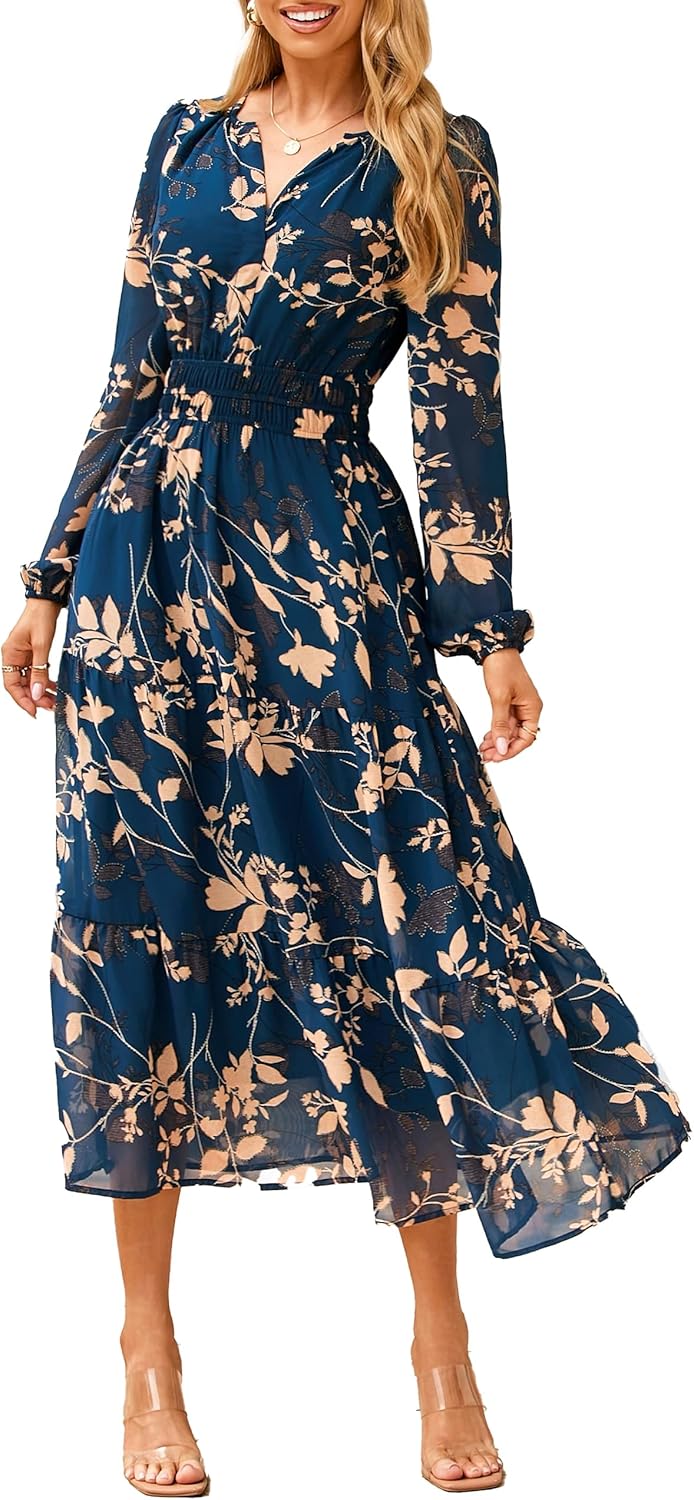 Simplee Women's Floral Boho Long Sleeve Maxi Dress V Neck Empire Waist Swing Flowy Wedding Guest Dress - Image 2