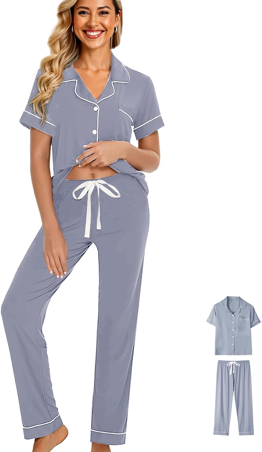 Womens Pajamas Set 3Pcs Pajama Sets Soft Sleepwear XS-XXL Button Down Lounge Sets Nightwear Long Pants Pjs Sets - Image 2