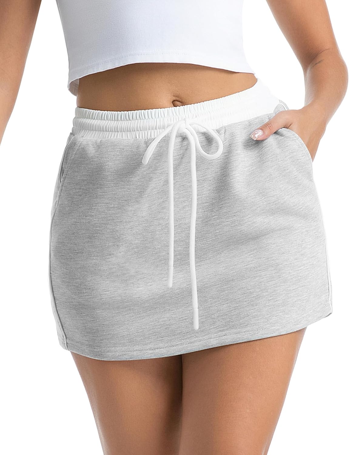 Women's Sweat Mini Skirt Built-in Shorts Drawstring Waist Sports Skirts Tennis Skort with Pockets - Image 2