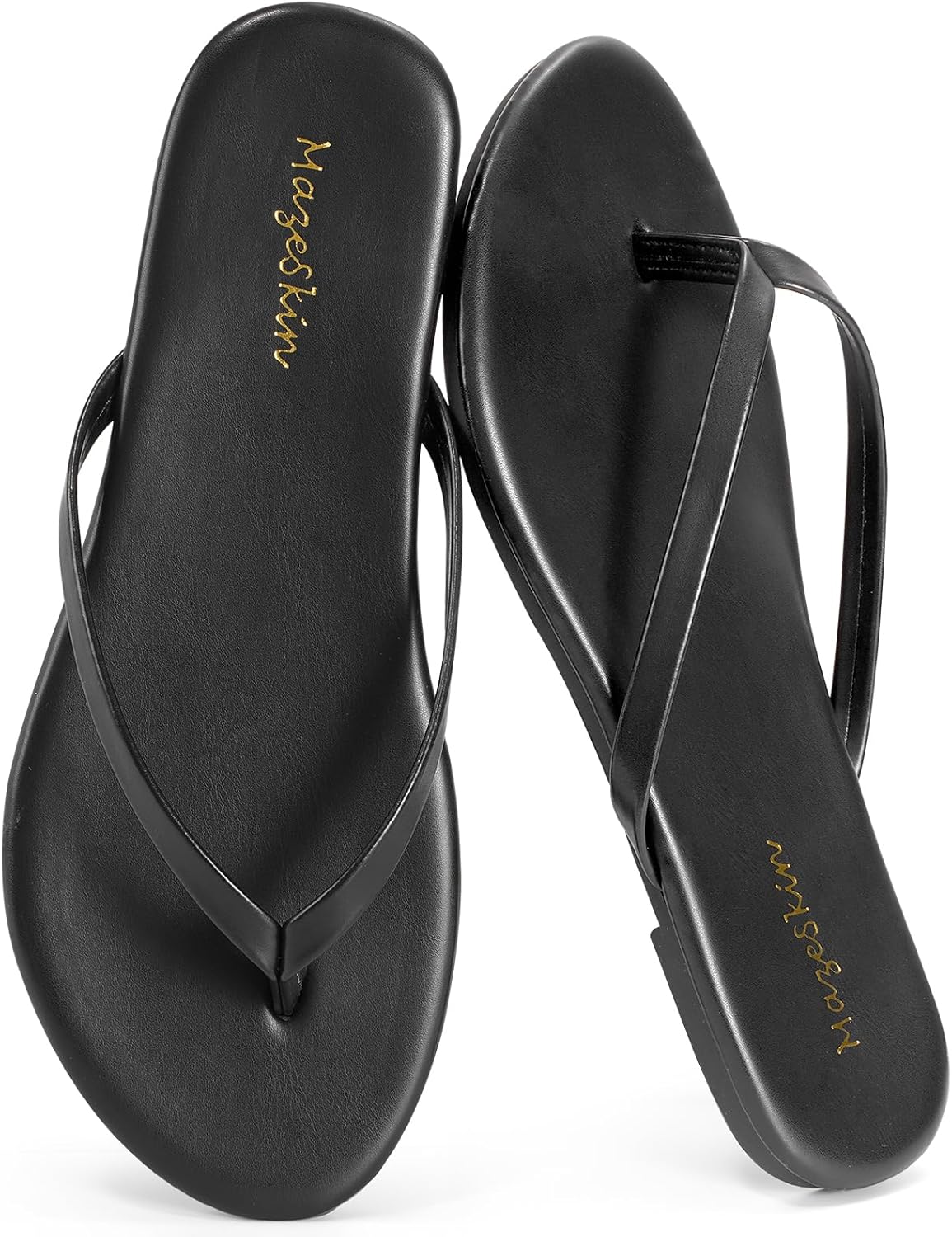 mazeskin Women's Memory Foam Comfortable Flat Thong Sandals Dressy Summer Beach Leather Slide Flip Flops - Image 2