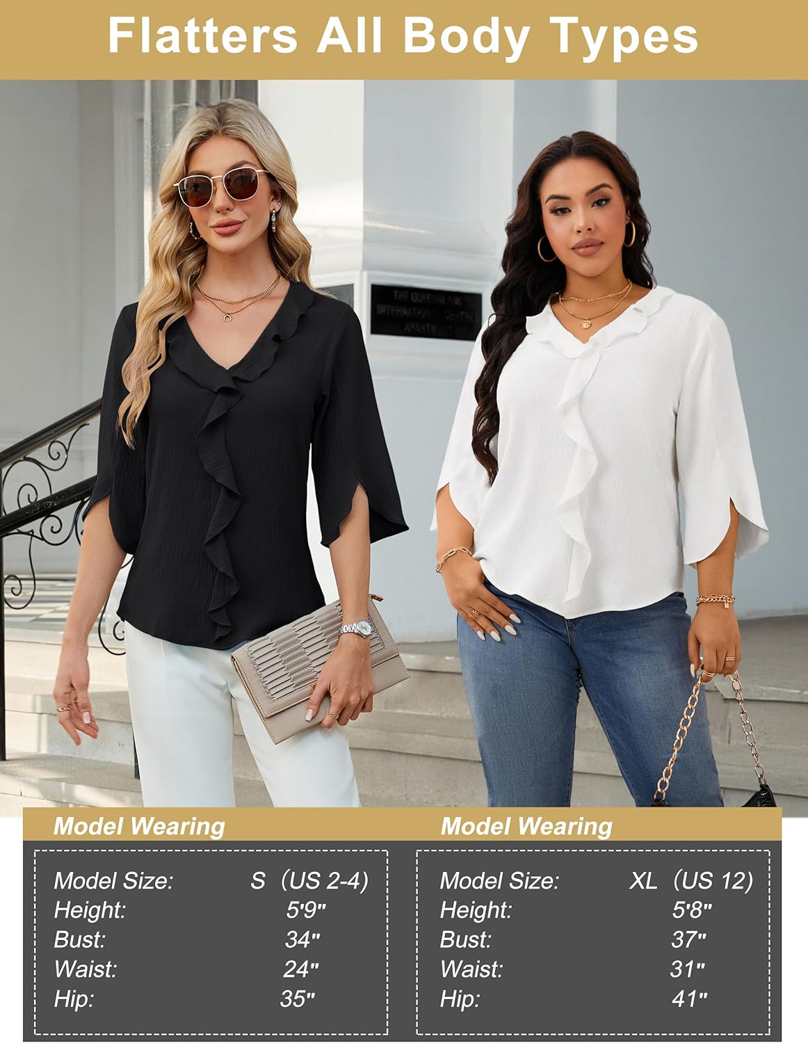 Blooming Jelly Womens Dressy Casual Blouses 3/4 Sleeve V Neck Ruffle Tops Business Ladies Summer Trendy Fashion Work Shirt - Image 7