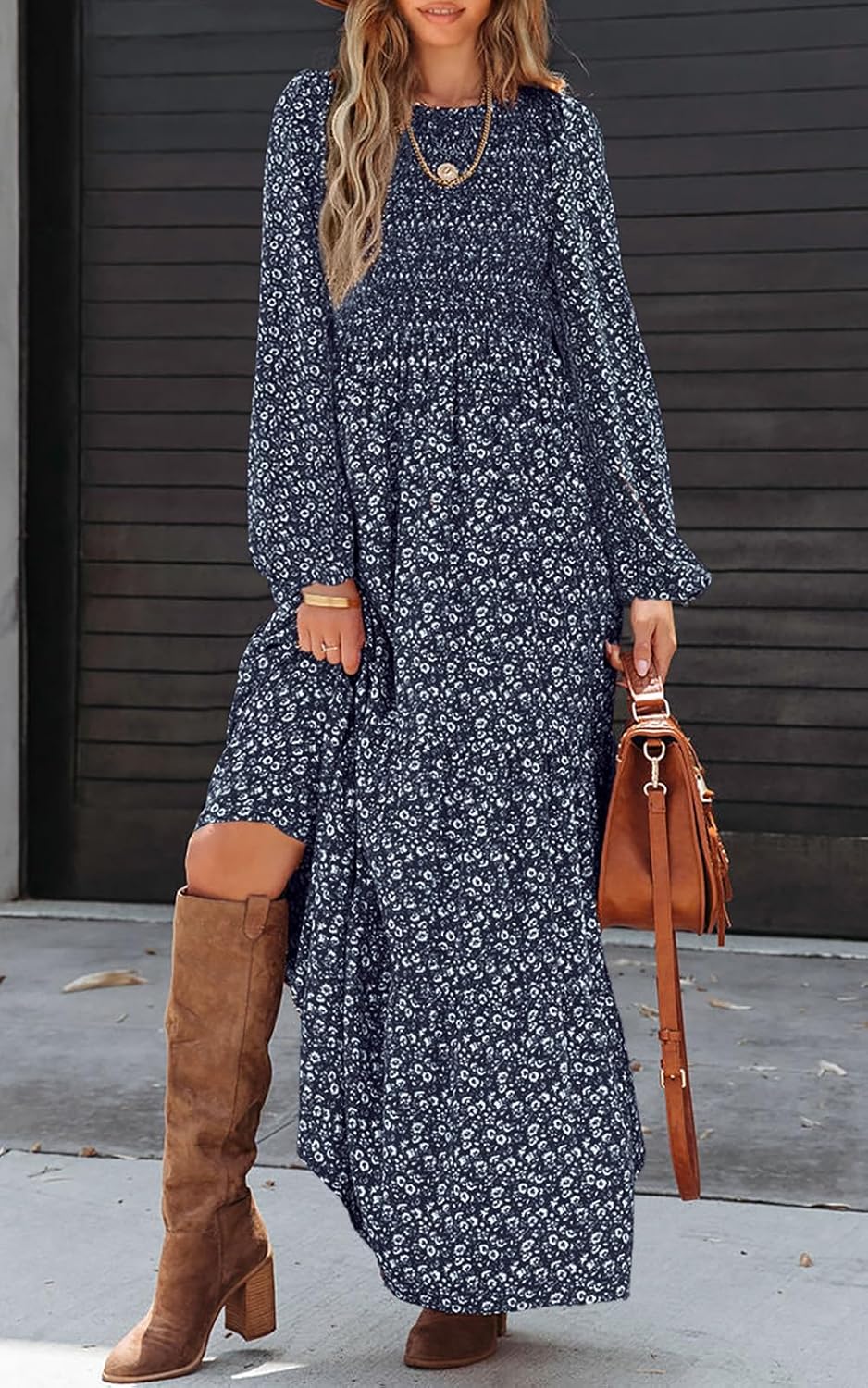 PRETTYGARDEN Women's Spring Dresses 2026 Long Sleeve Flowy Casual Floral Maxi Dress Crew Neck Smocked Tiered Long Dress - Image 3