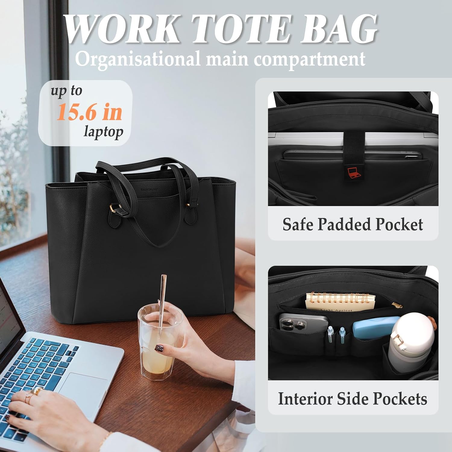 RAINSMORE Laptop Bag for Women 15.6 Inch Work Tote Bags Waterproof Computer Bags Leather Professional Laptop Purse Womens Laptop Briefcase Large Handbag for Office Teacher Travel, Black - Image 4
