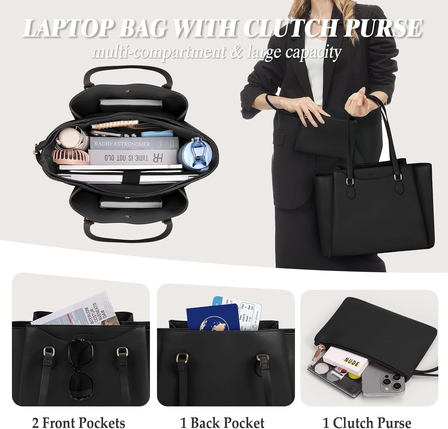 RAINSMORE Laptop Bag for Women 15.6 Inch Work Tote Bags Waterproof Computer Bags Leather Professional Laptop Purse Womens Laptop Briefcase Large Handbag for Office Teacher Travel, Black - Image 5