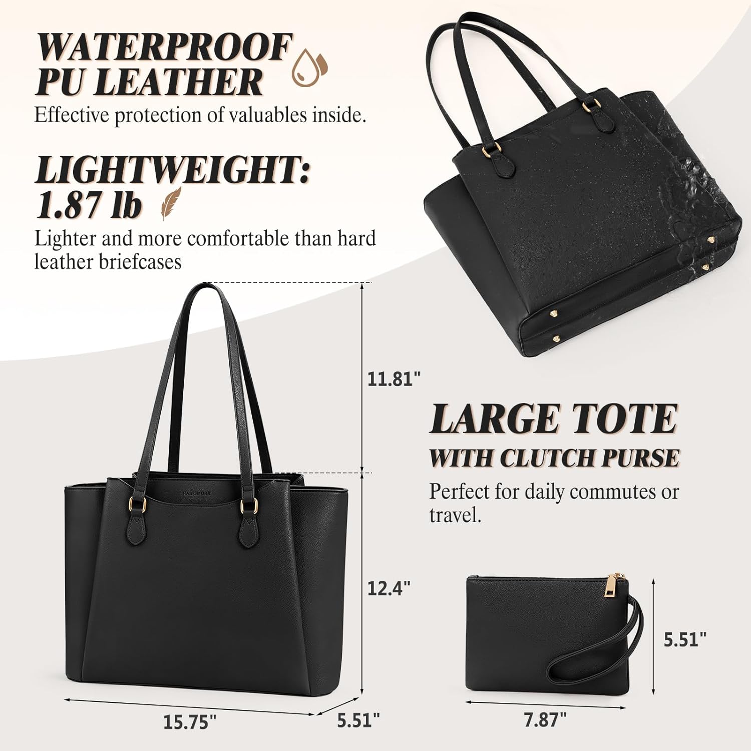 RAINSMORE Laptop Bag for Women 15.6 Inch Work Tote Bags Waterproof Computer Bags Leather Professional Laptop Purse Womens Laptop Briefcase Large Handbag for Office Teacher Travel, Black - Image 6