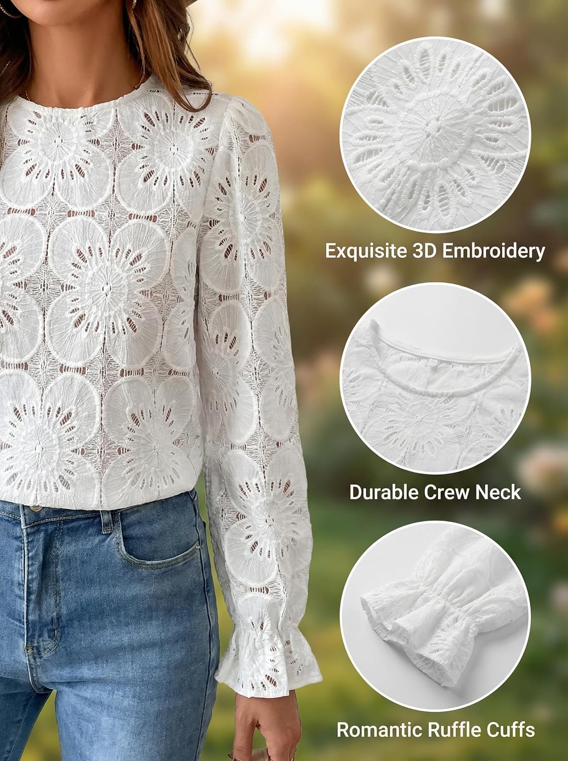 CUPSHE Women's Eyelet Long Sleeve Tops Shirts Dressy Hollow Out Crochet Lace Embroidered Blouses 2026 Fashion - Image 6