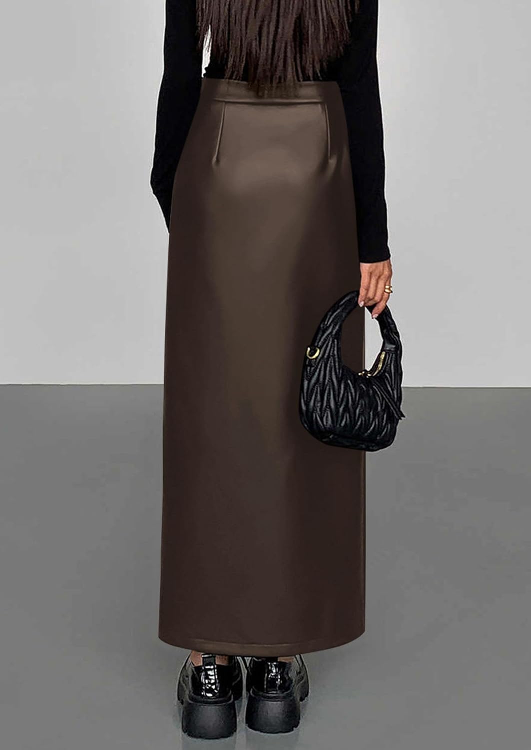 PRETTYGARDEN Womens Faux Leather Skirts 2026 Fall Fashion Bodycon High Waisted Slit Work Office Winter Maxi Long Pencil Skirt - Image 3