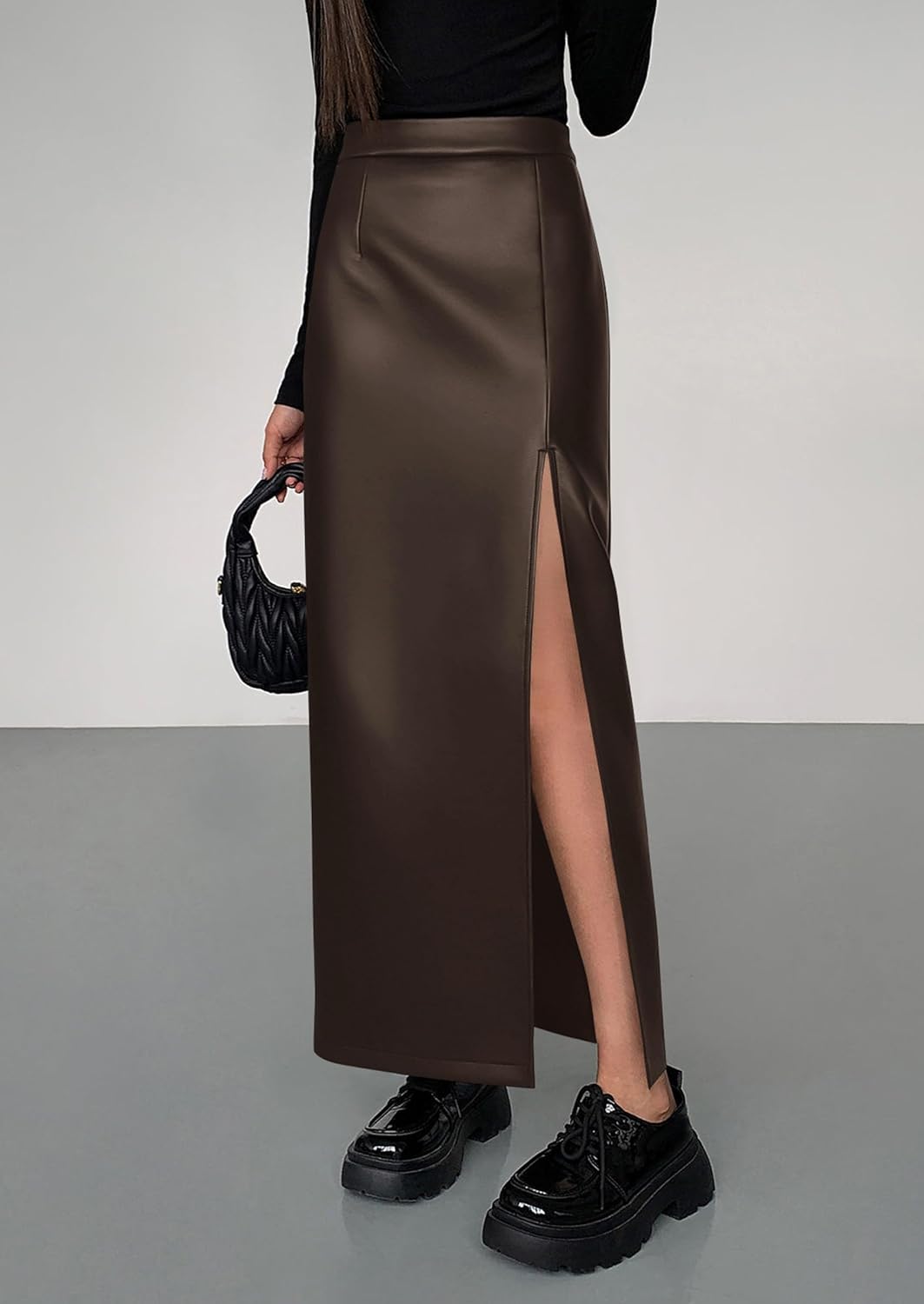 PRETTYGARDEN Womens Faux Leather Skirts 2026 Fall Fashion Bodycon High Waisted Slit Work Office Winter Maxi Long Pencil Skirt - Image 5