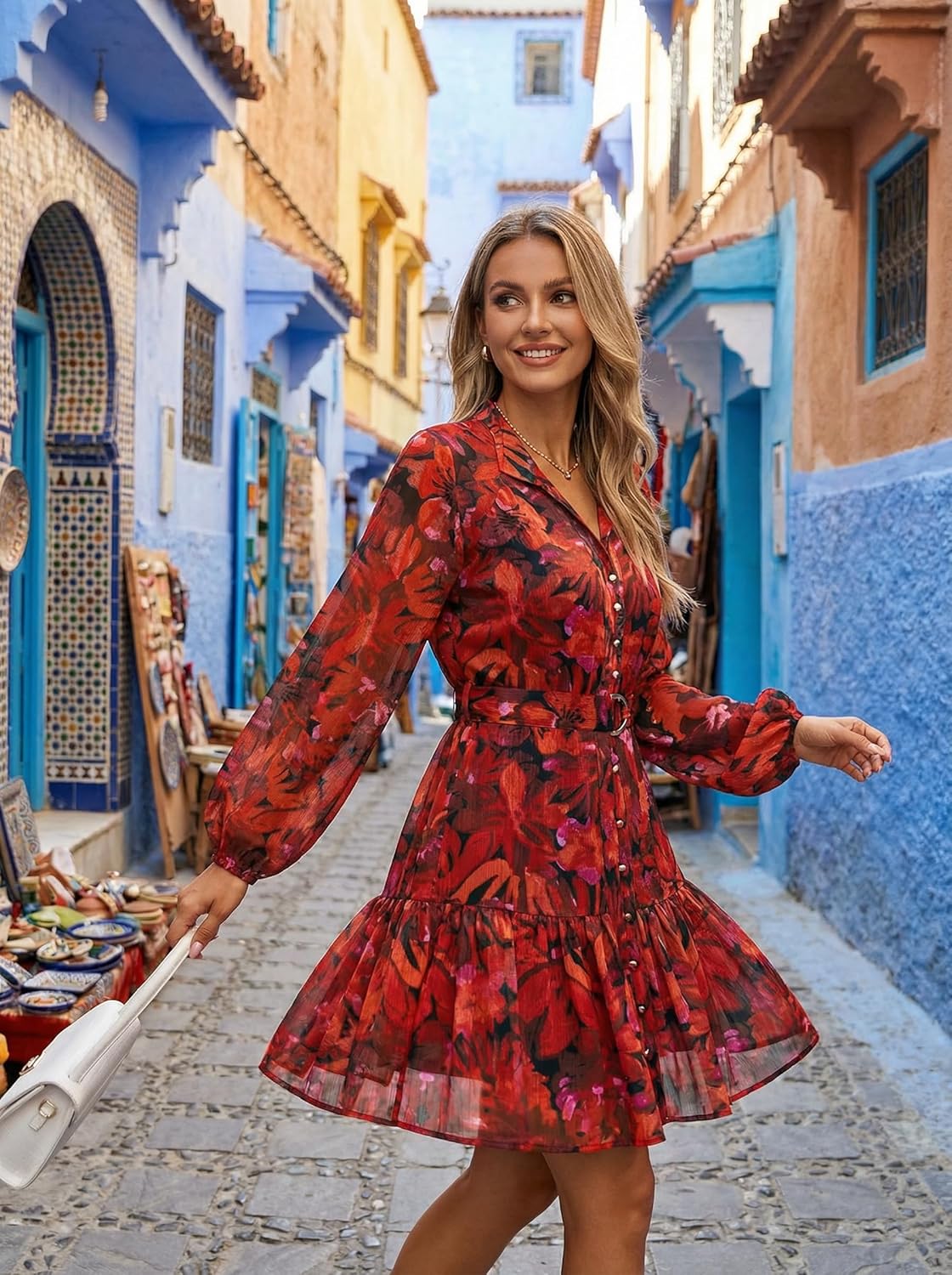 ZESICA Womens Spring Summer Floral Mini Dress Long Sleeve Button Chiffon A Line Swing Short Wedding Guest Party Dresses - Image 3