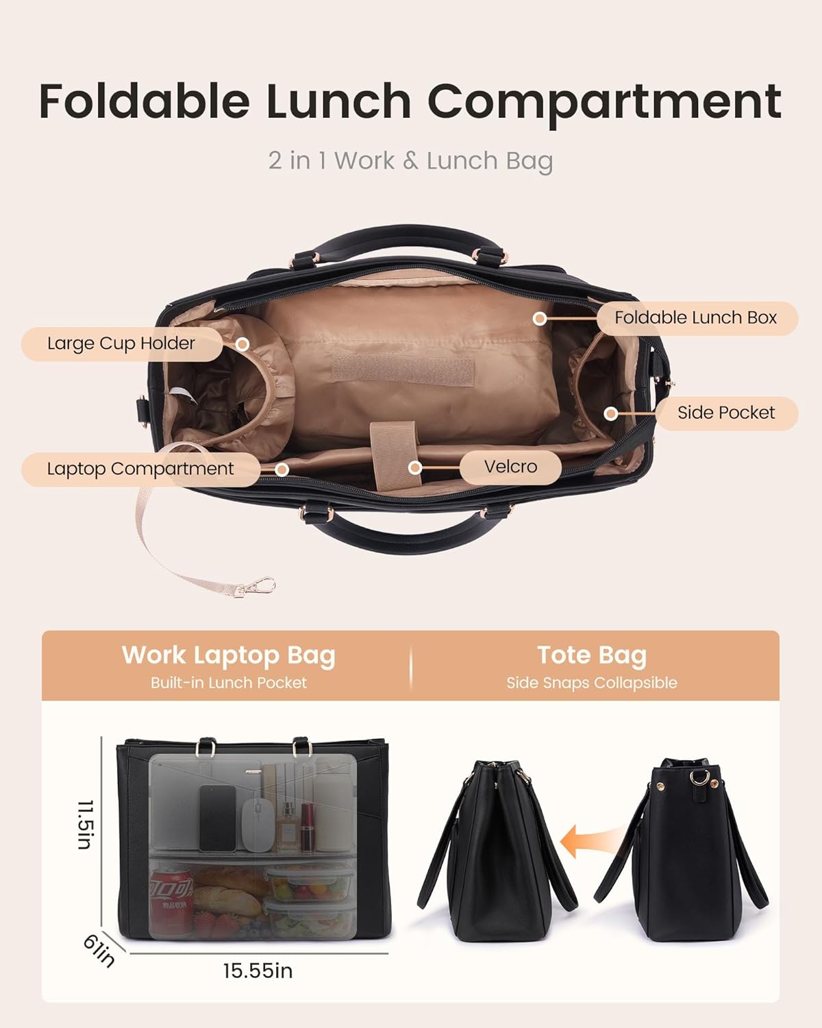 LOVEVOOK Lunch Tote Bag for Women, 3 in 1 Work Bag with Insulated Lunch Compartment, Laptop Bag with Large Cup Holder for Office, College, Casual, Black - Image 5