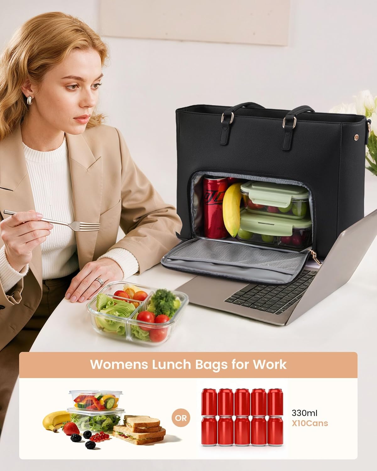 LOVEVOOK Lunch Tote Bag for Women, 3 in 1 Work Bag with Insulated Lunch Compartment, Laptop Bag with Large Cup Holder for Office, College, Casual, Black - Image 6