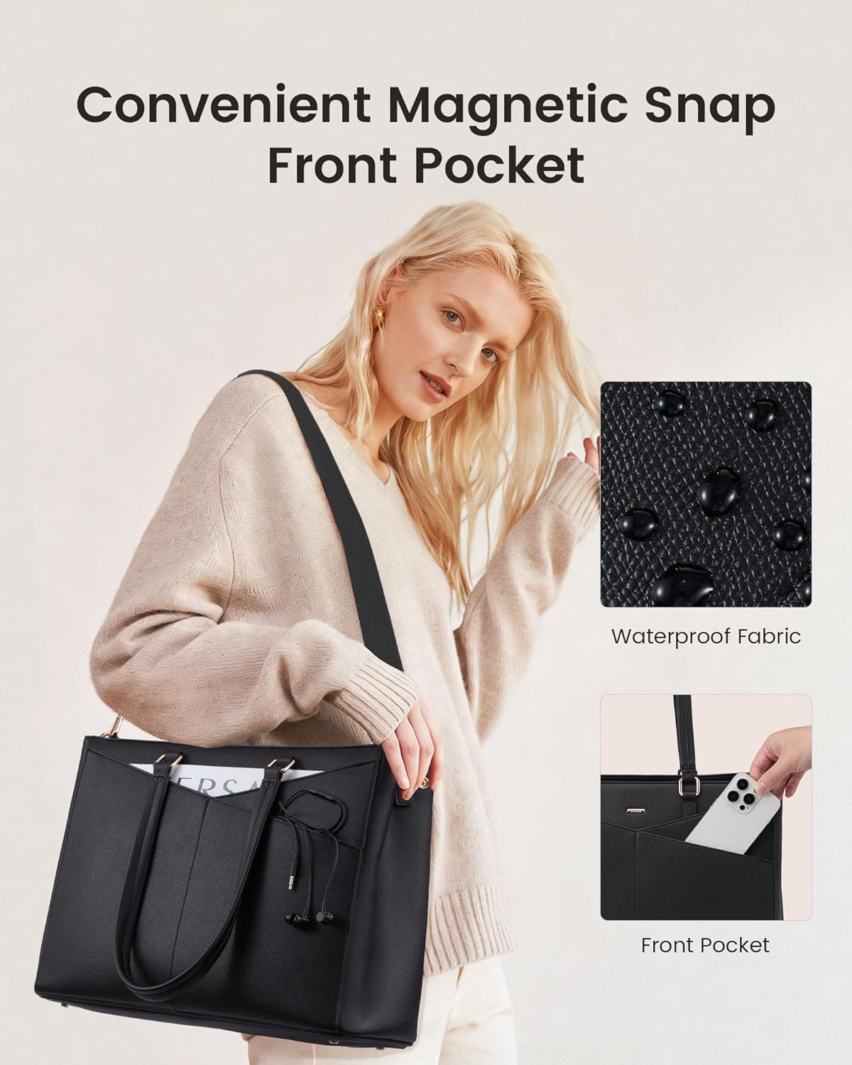 LOVEVOOK Lunch Tote Bag for Women, 3 in 1 Work Bag with Insulated Lunch Compartment, Laptop Bag with Large Cup Holder for Office, College, Casual, Black - Image 8