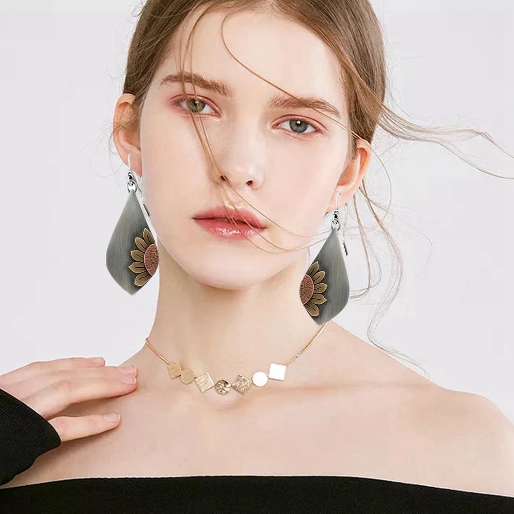 12 Pairs Boho Vintage Geometric Round Earrings Wooden Leather Ethnic Style Vintage Sunflower Earrings Christmas for Women - Image 3