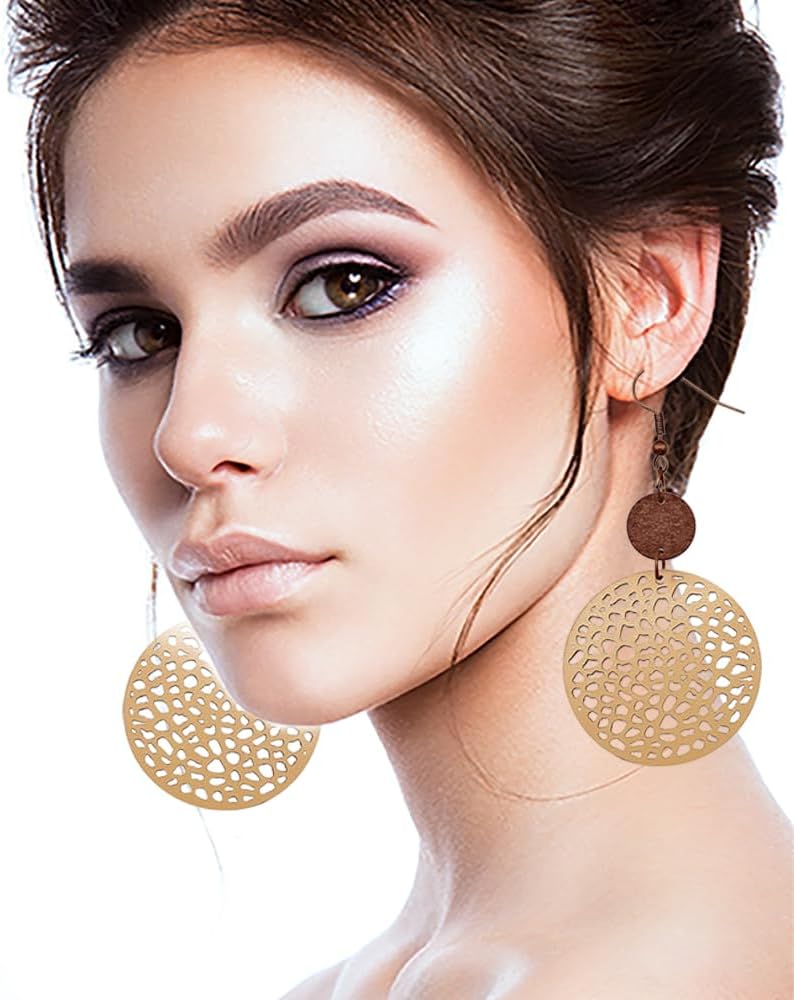 12 Pairs Boho Vintage Geometric Round Earrings Wooden Leather Ethnic Style Vintage Sunflower Earrings Christmas for Women - Image 4