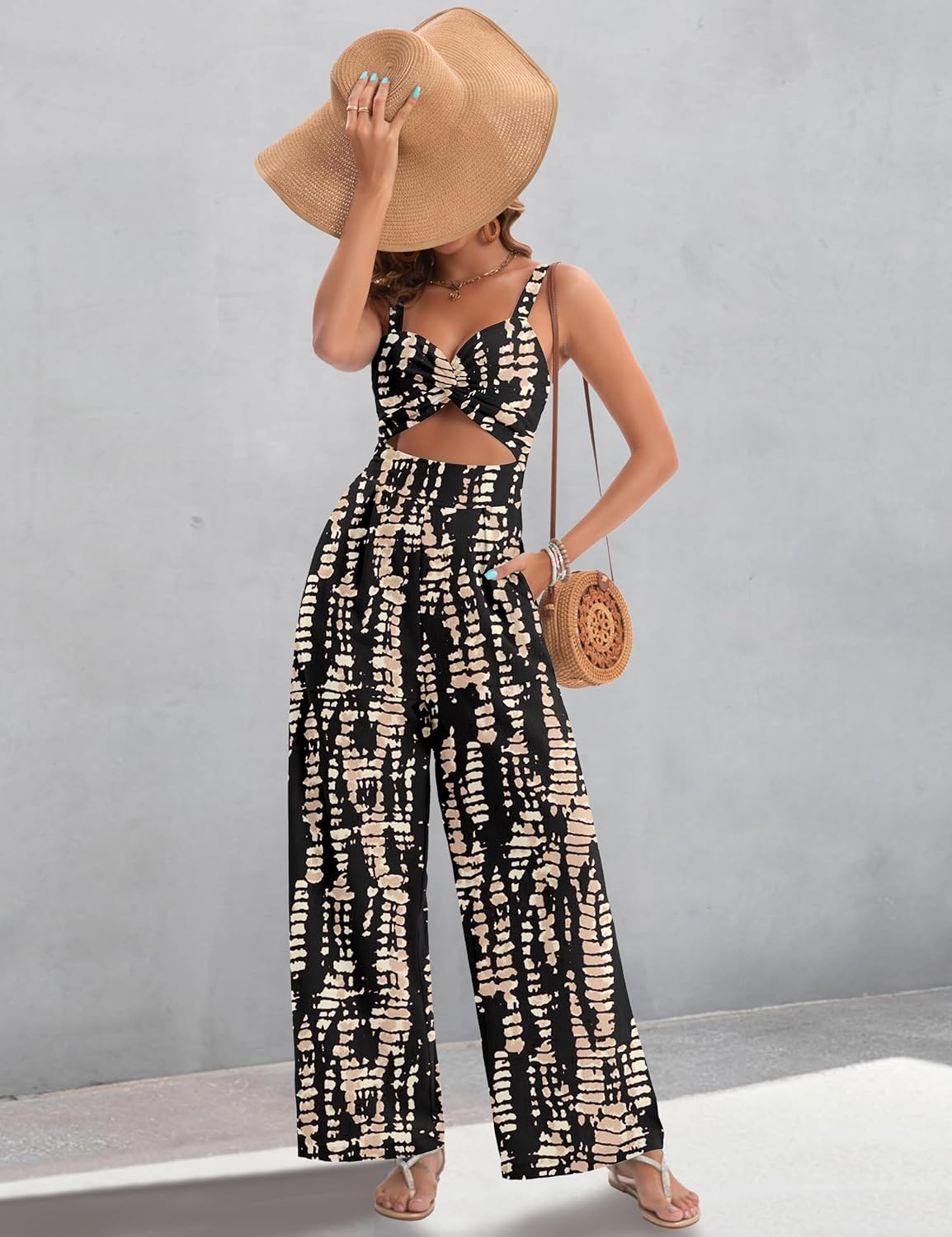 Womens Summer Jumpsuits Dressy Sexy V Neck Twist One Piece Outfits Sleeveless Casual Wide Leg Long Pant Rompers - Image 6