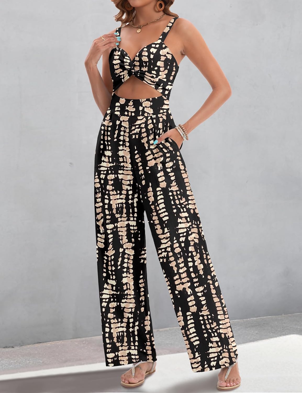 Womens Summer Jumpsuits Dressy Sexy V Neck Twist One Piece Outfits Sleeveless Casual Wide Leg Long Pant Rompers - Image 7