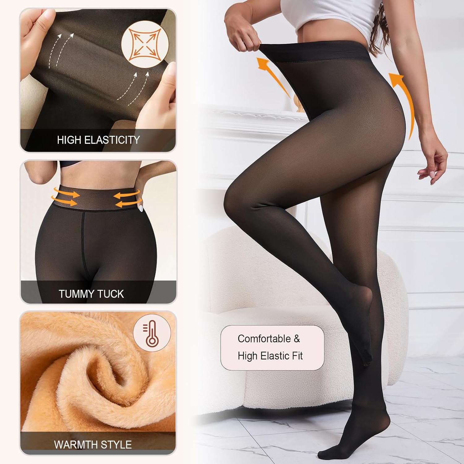 One-Seam Warm Fleece Lined Tights Women Fake Translucent Pantyhose High Waist Thermal Leggings Sheer Winter Tights - Image 4