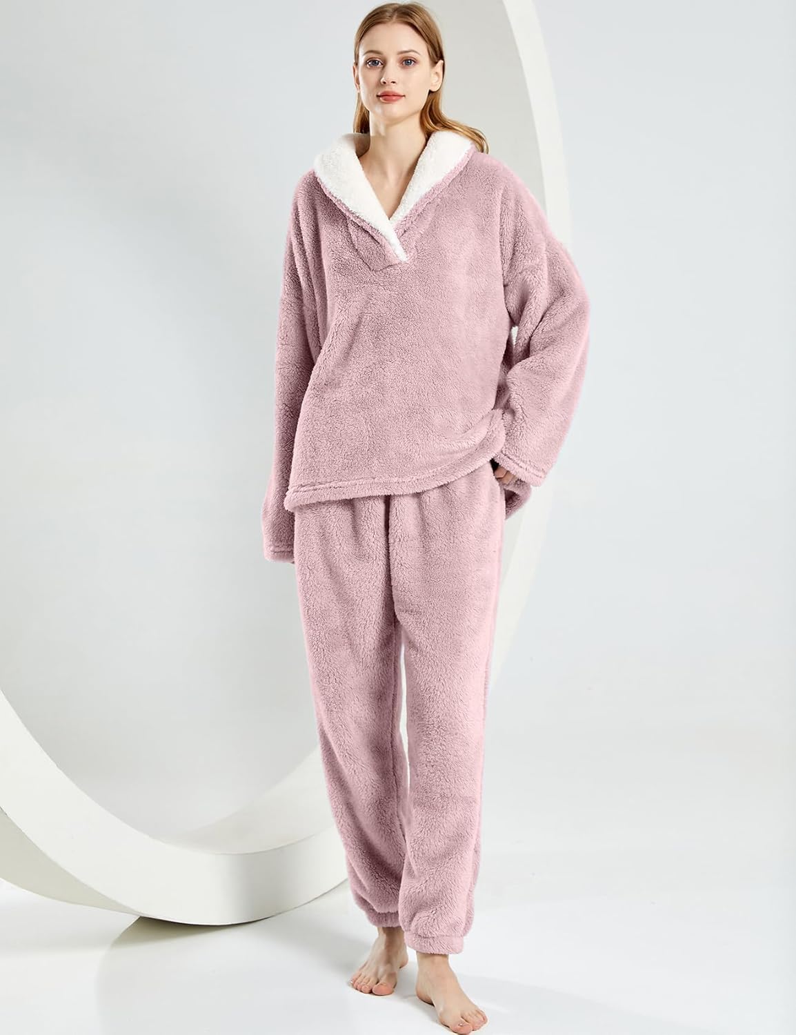 Gihuo Women' s Fluffy Pajamas Set Fleece Pullover Pants Loose Plush Sleepwear 2 Piece Pjs Set Warm Loungewear Fuzzy - Image 4