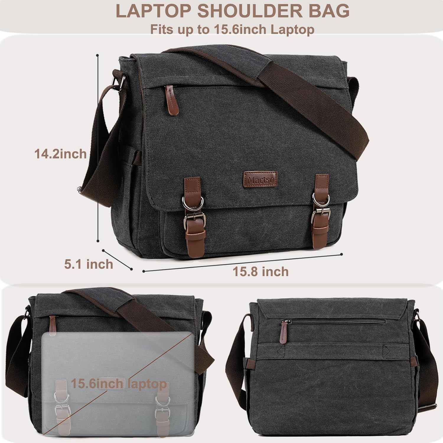Canvas Messenger Bag for Men Women,Travel Satchel Shoulder bag 15.6 Inch Laptop Bag briefcase Business - Image 4