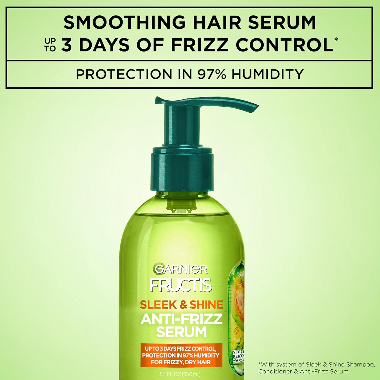 Garnier Fructis Sleek & Shine Anti-Frizz Serum for Frizzy, Dry Hair, Argan Oil, 5.1 Fl Oz, 1 Count (Packaging May Vary) - Image 3
