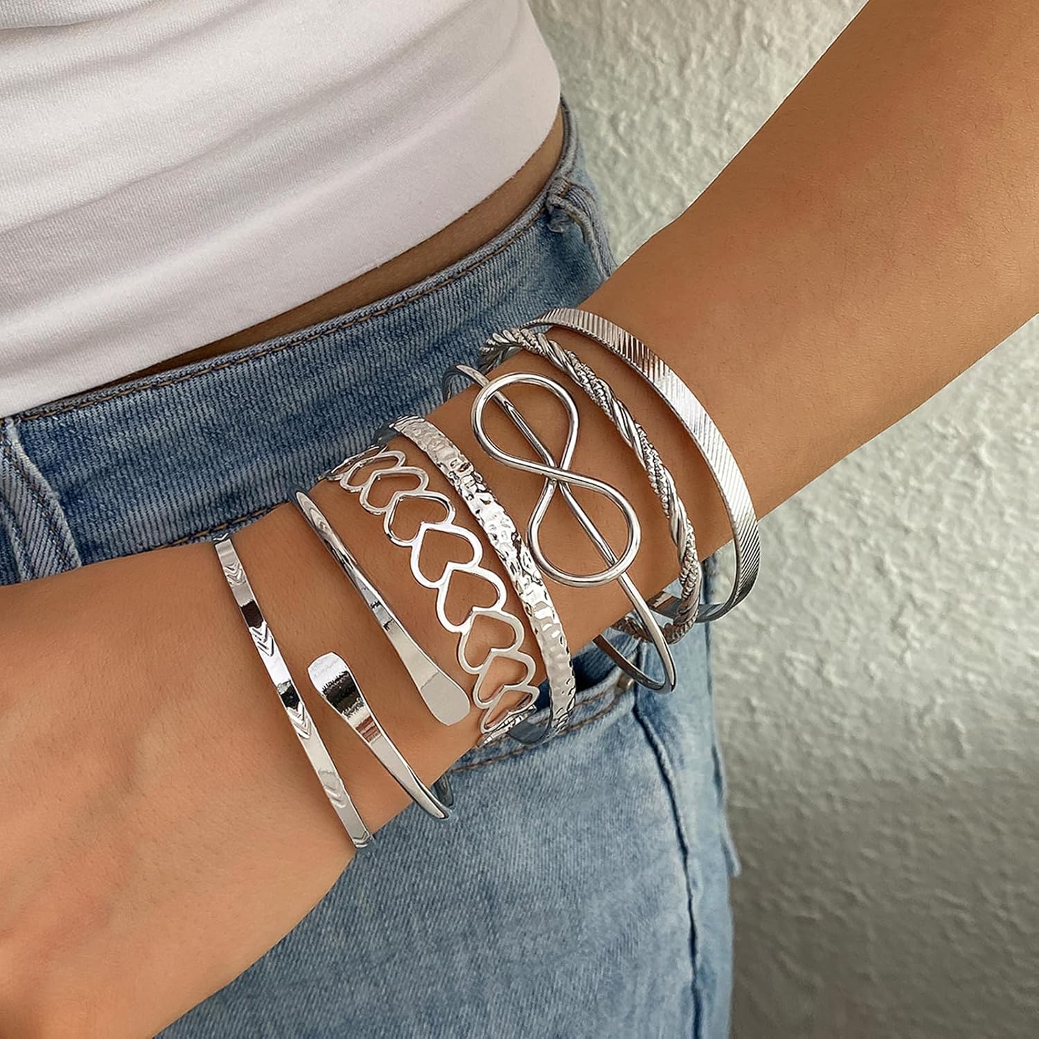 17IF Silver Bangle Bracelet for Women, 14k Multilayer Charm Textured Stackable Bracelets Lightning Bangles Indian Chunky Cuff Fashion Jewelry Gift - Image 3