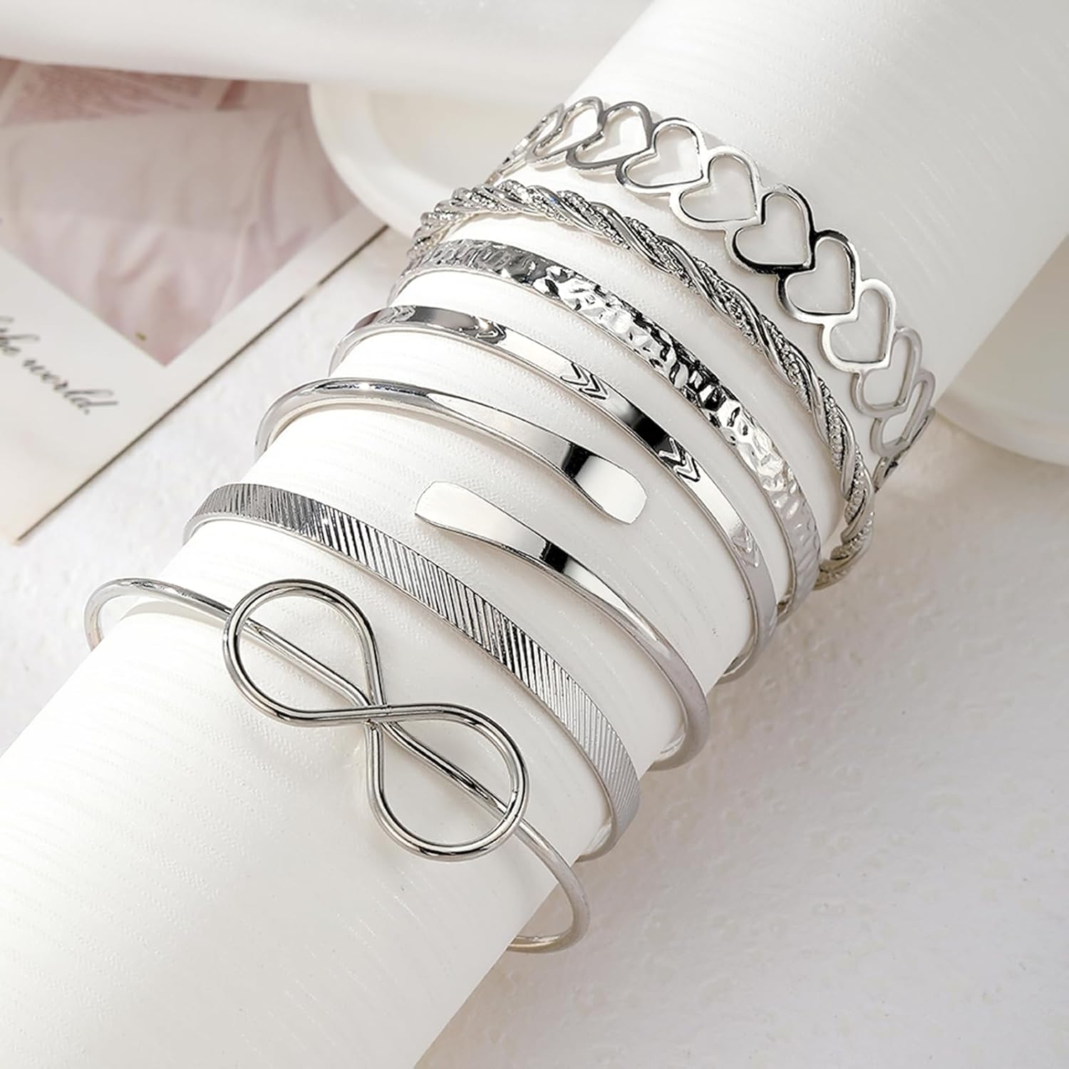 17IF Silver Bangle Bracelet for Women, 14k Multilayer Charm Textured Stackable Bracelets Lightning Bangles Indian Chunky Cuff Fashion Jewelry Gift - Image 4