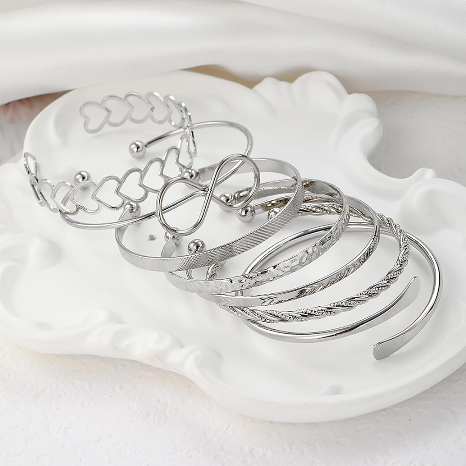 17IF Silver Bangle Bracelet for Women, 14k Multilayer Charm Textured Stackable Bracelets Lightning Bangles Indian Chunky Cuff Fashion Jewelry Gift - Image 5