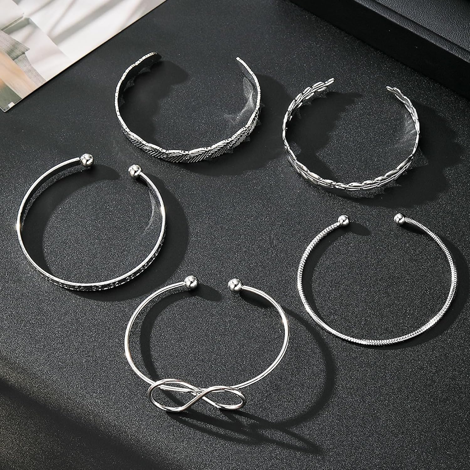 17IF Silver Bangle Bracelet for Women, 14k Multilayer Charm Textured Stackable Bracelets Lightning Bangles Indian Chunky Cuff Fashion Jewelry Gift - Image 6