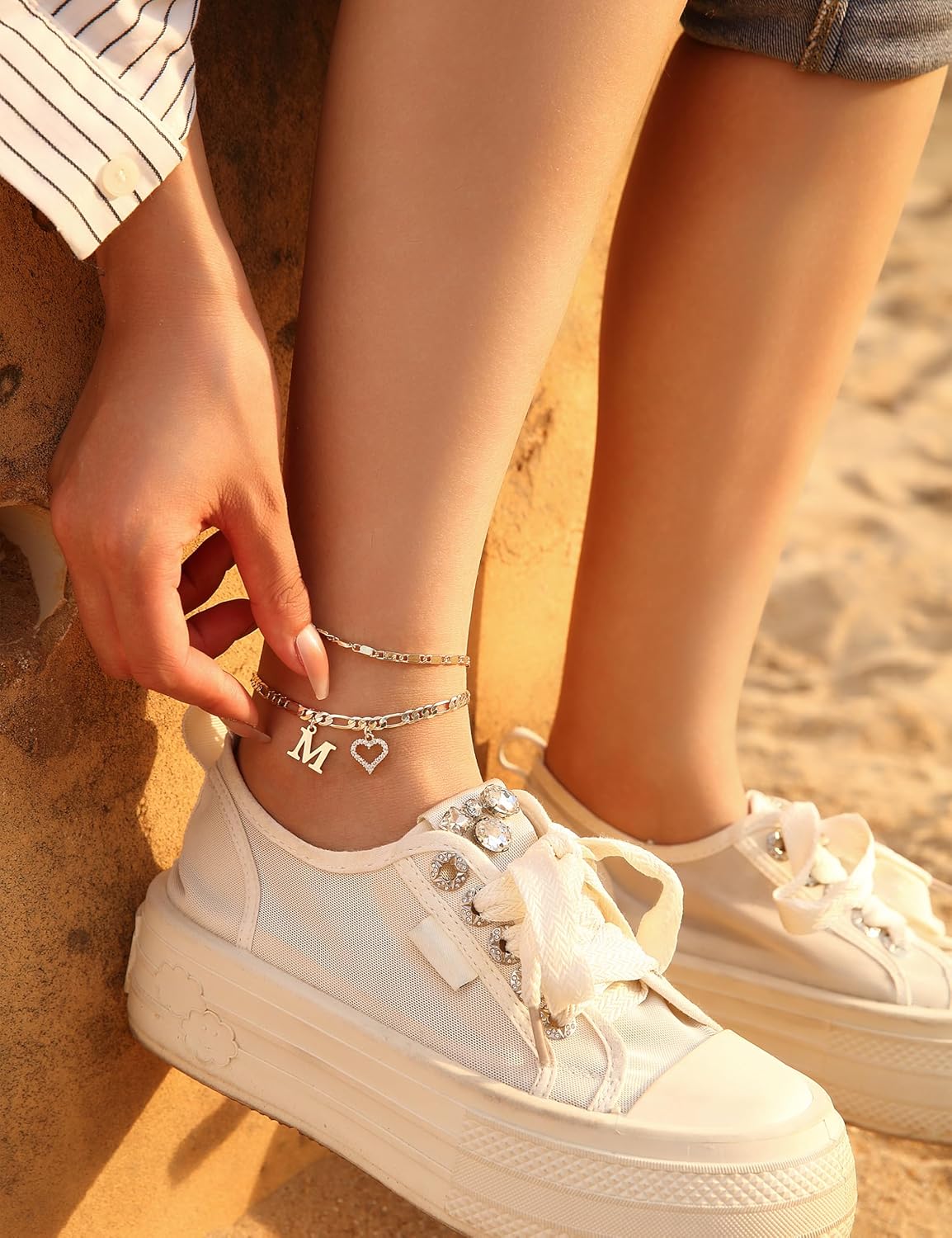 Initial Ankle Bracelets for Women Waterproof 14K Gold Plated Dainty Layered Figaro Chain Letter Initial CZ Heart Ankle Bracelets Set Summer Beach Jewelry for Women - Image 3