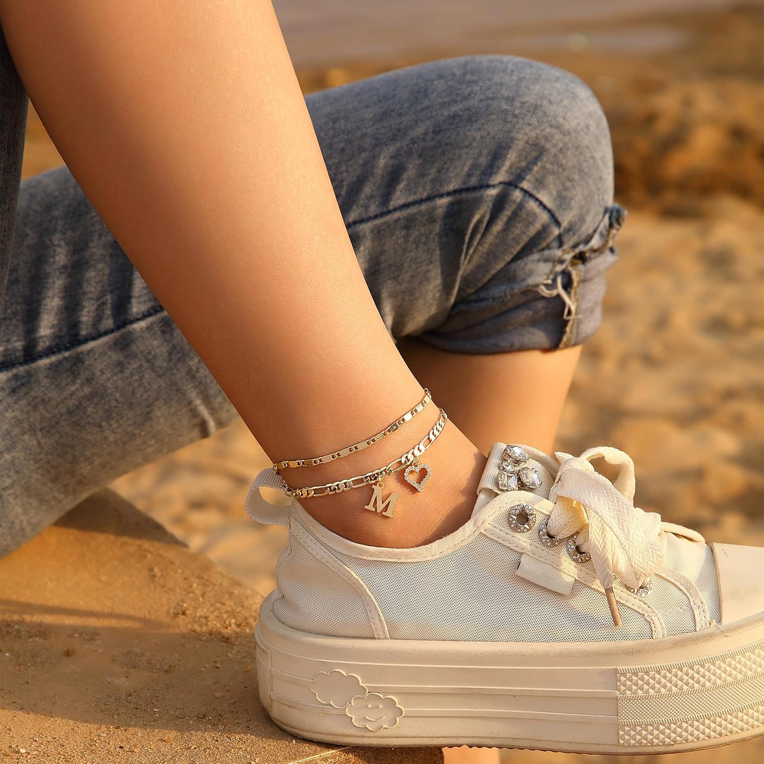 Initial Ankle Bracelets for Women Waterproof 14K Gold Plated Dainty Layered Figaro Chain Letter Initial CZ Heart Ankle Bracelets Set Summer Beach Jewelry for Women - Image 6