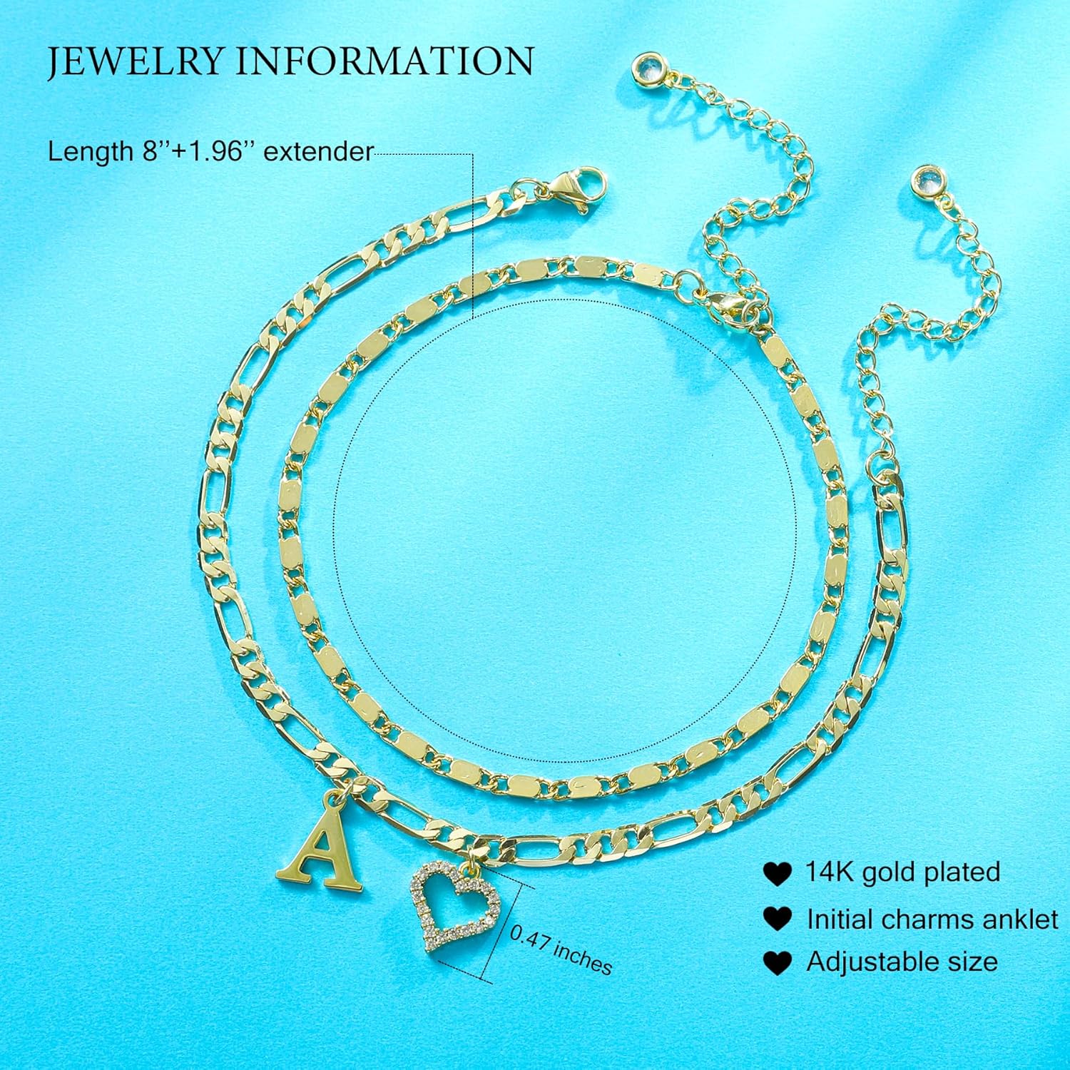 Initial Ankle Bracelets for Women Waterproof 14K Gold Plated Dainty Layered Figaro Chain Letter Initial CZ Heart Ankle Bracelets Set Summer Beach Jewelry for Women - Image 7