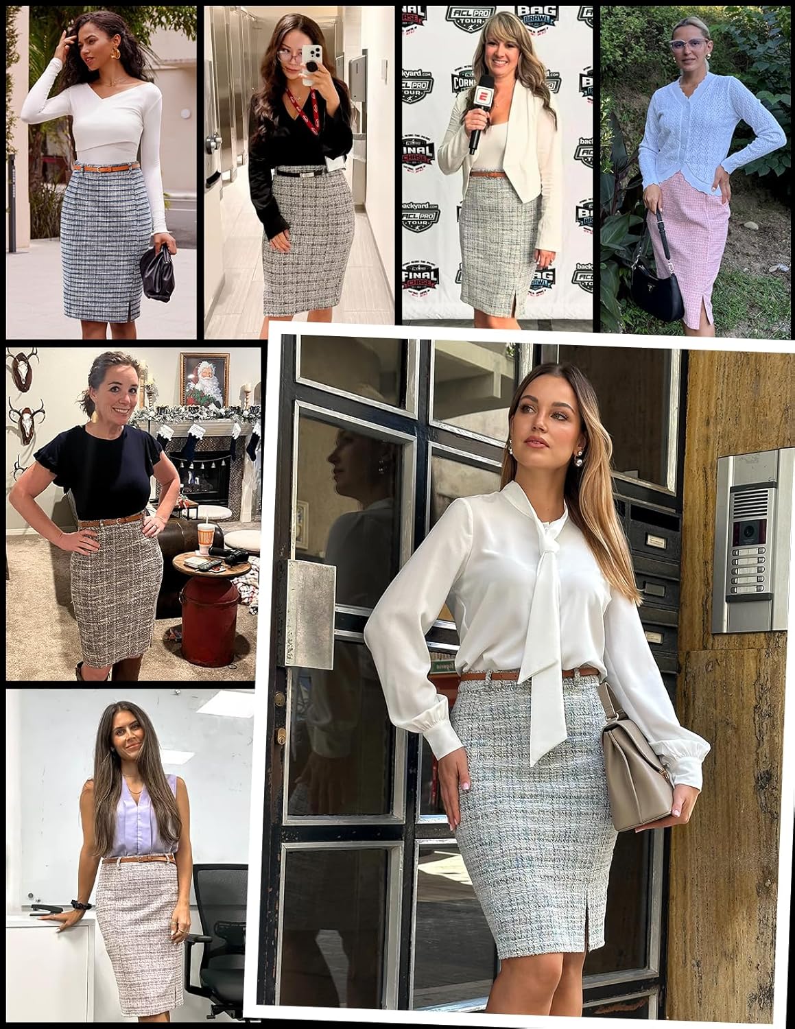 Kate Kasin Women's Tweed Pencil Skirt Knee Length High Waisted Skirts with Slit Elegant Skirts with Belt - Image 6