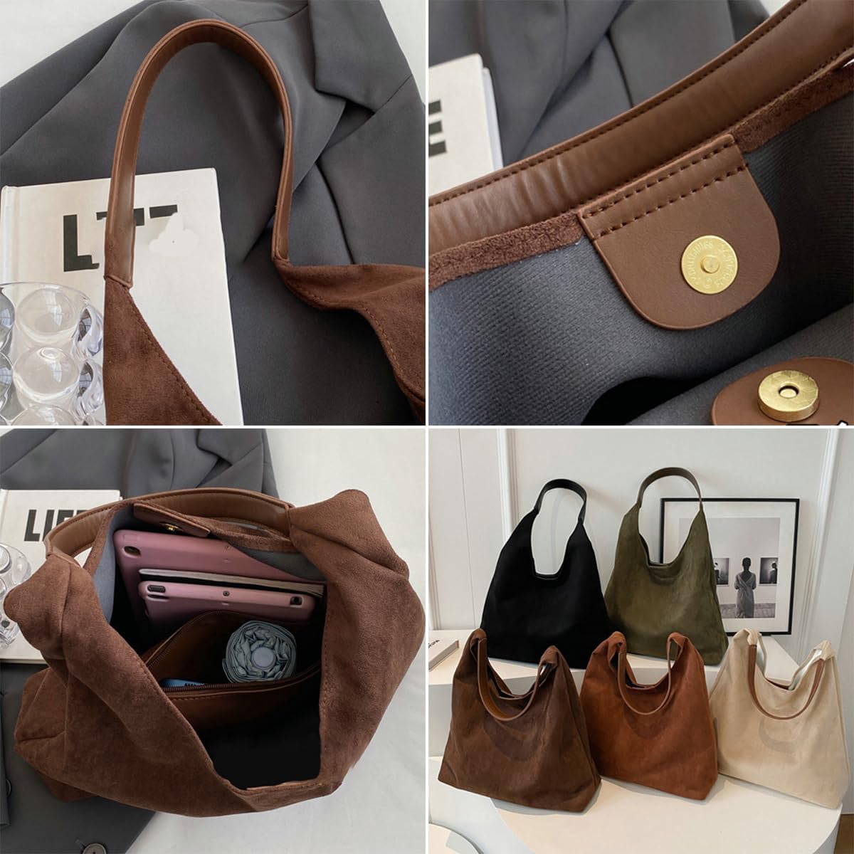 Womens Fashion Suede Shoulder Bags Large Tote Bag Retro Purse Handbag Casual Work Ladies Top Handle Satchel - Image 8