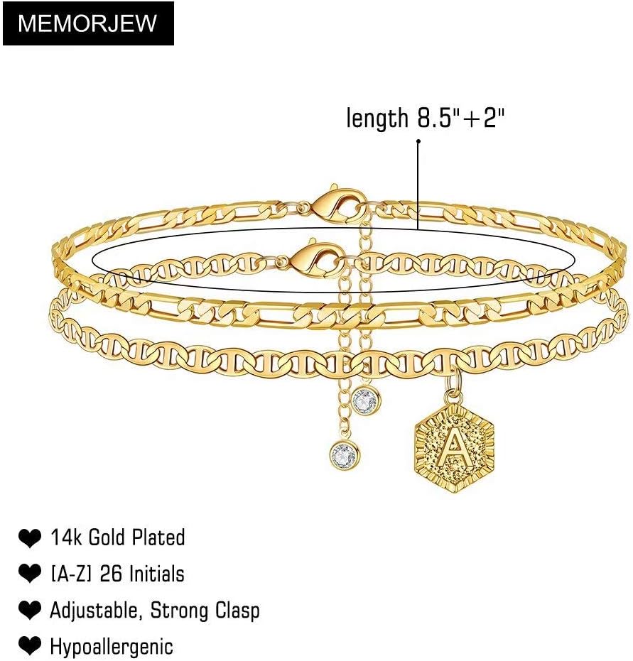 Memorjew Initial Ankle Bracelets for Women, 14K-Gold-Plated Double Layered Initial Anklets Jewelry for Women - Image 3