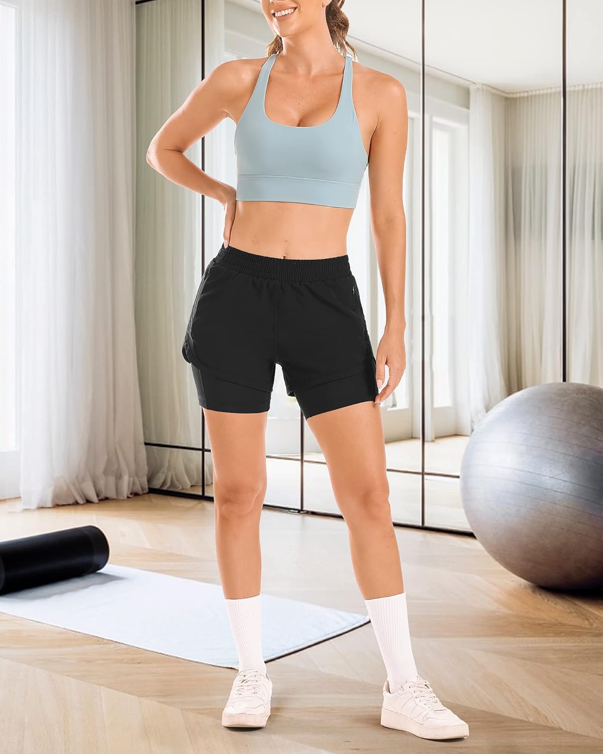 Stelle Women 2 in 1 Running Shorts High Waisted Athletic Shorts Gym Workout Shorts with Liner Zipper Pockets - Image 8