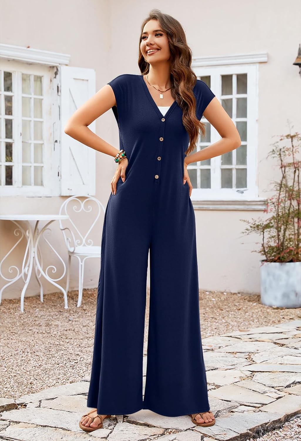 MEROKEETY Women's 2026 Summer Cap Sleeve Jumpsuits Dressy Casual Deep V Neck Button Onesie Wide Leg Pants Rompers - Image 4