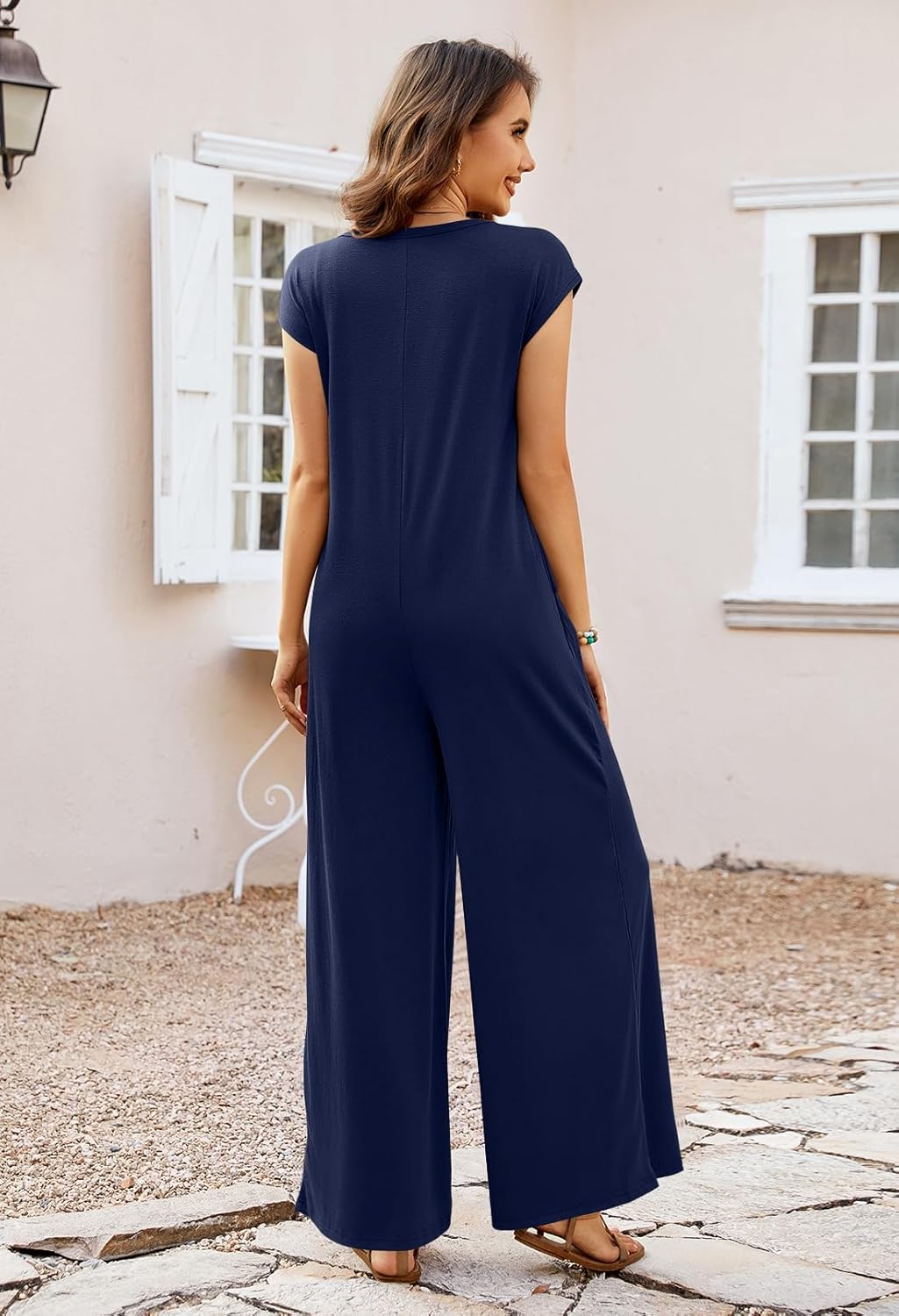 MEROKEETY Women's 2026 Summer Cap Sleeve Jumpsuits Dressy Casual Deep V Neck Button Onesie Wide Leg Pants Rompers - Image 5