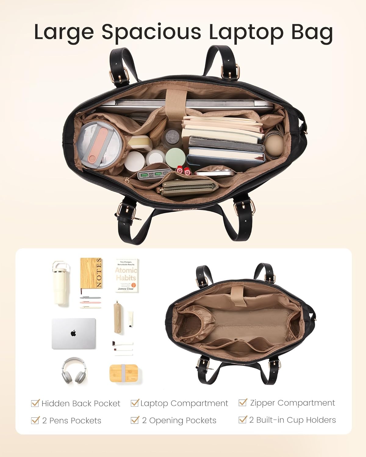 LOVEVOOK Work Tote Bag for Women 15.6 Inch Laptop Computer Bags with Cup Holder, Large Teacher Bag Briefcase for Business Office Travel Black, Nylon&PU - Image 4