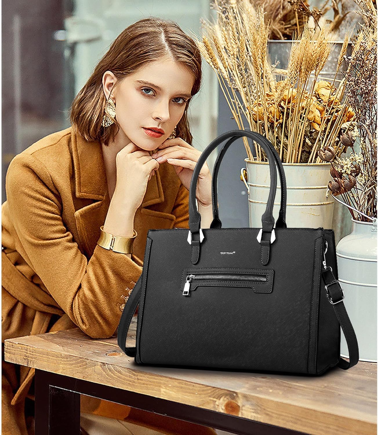 TANTOMI Structured Satchel Purses for Women, Medium Vegan Leather Top Handle Handbag with Pockets, Classy Work Bag for Ladies - Image 3