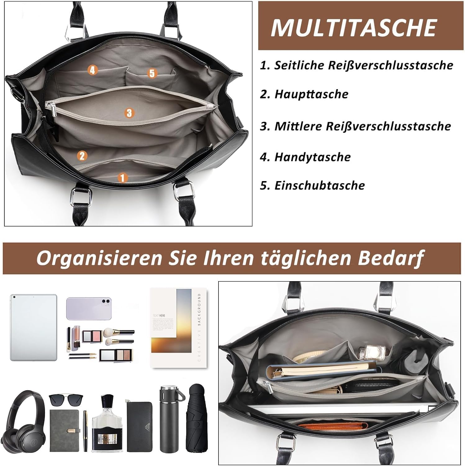 TANTOMI Structured Satchel Purses for Women, Medium Vegan Leather Top Handle Handbag with Pockets, Classy Work Bag for Ladies - Image 5