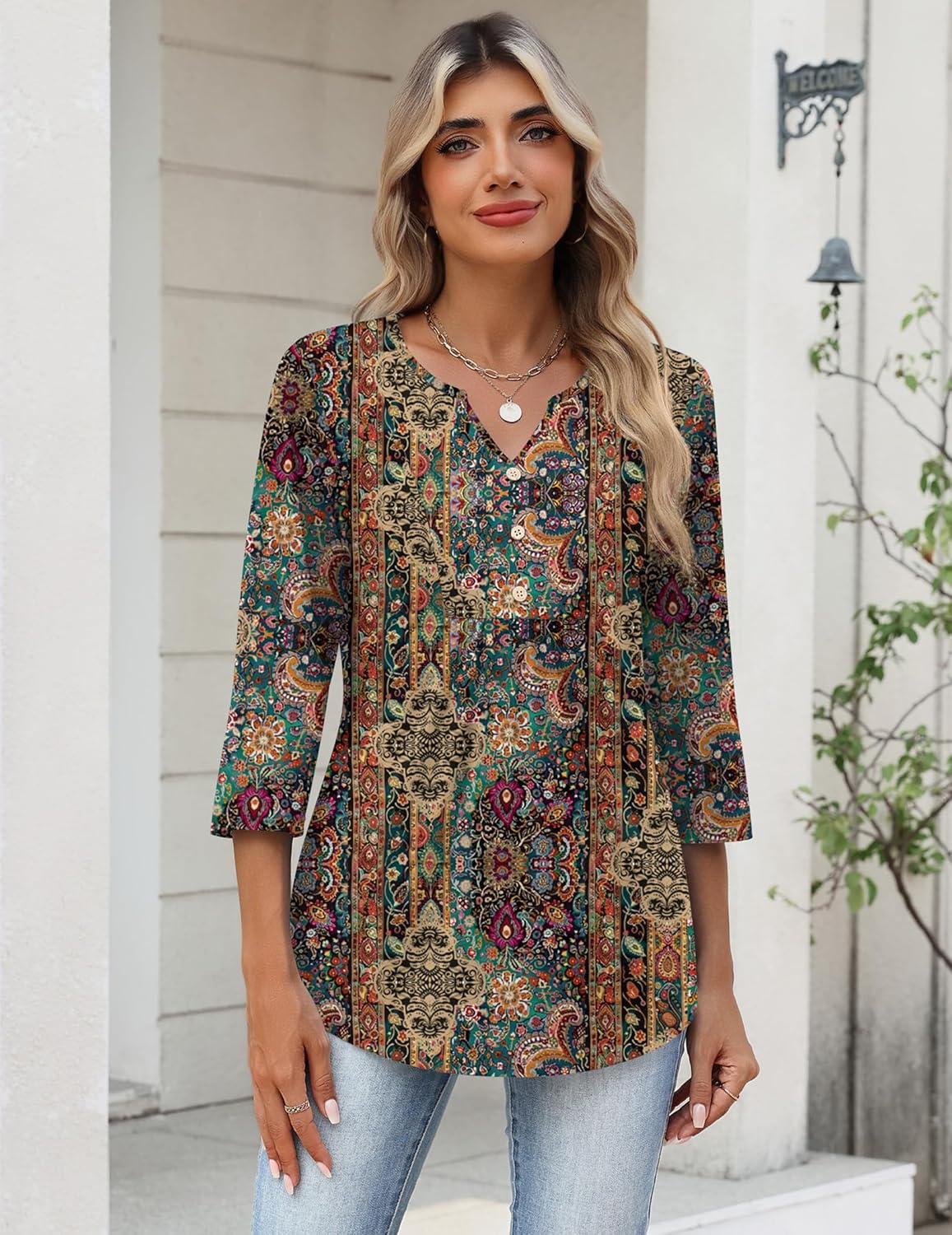 Zeagoo Womens 3/4 Length Sleeve Tops V Neck Dressy Casual T Shirts Pleated Business Work Blouses Basic Tees S-3XL - Image 3