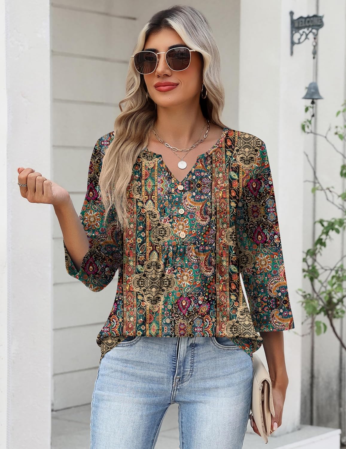 Zeagoo Womens 3/4 Length Sleeve Tops V Neck Dressy Casual T Shirts Pleated Business Work Blouses Basic Tees S-3XL - Image 4