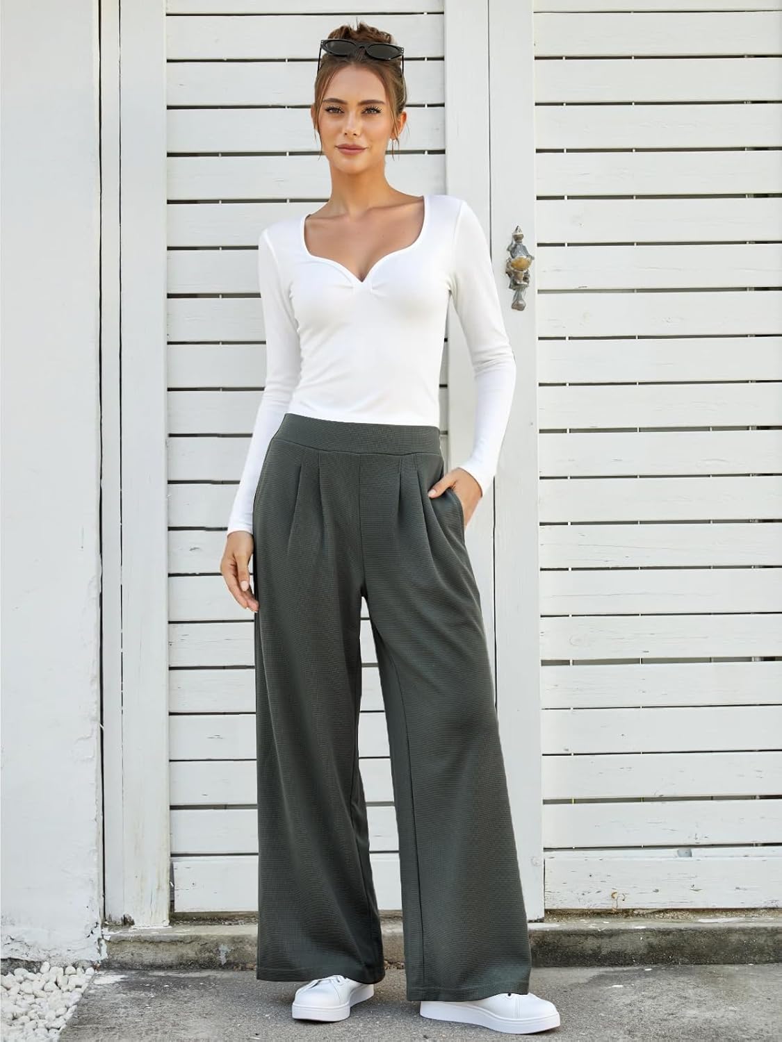FireSwan Women's Wide Leg Pants Elastic High Waist Casual Palazzo Pants Trousers with Pockets - Image 3