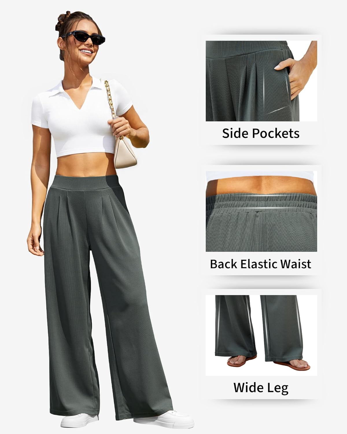 FireSwan Women's Wide Leg Pants Elastic High Waist Casual Palazzo Pants Trousers with Pockets - Image 6