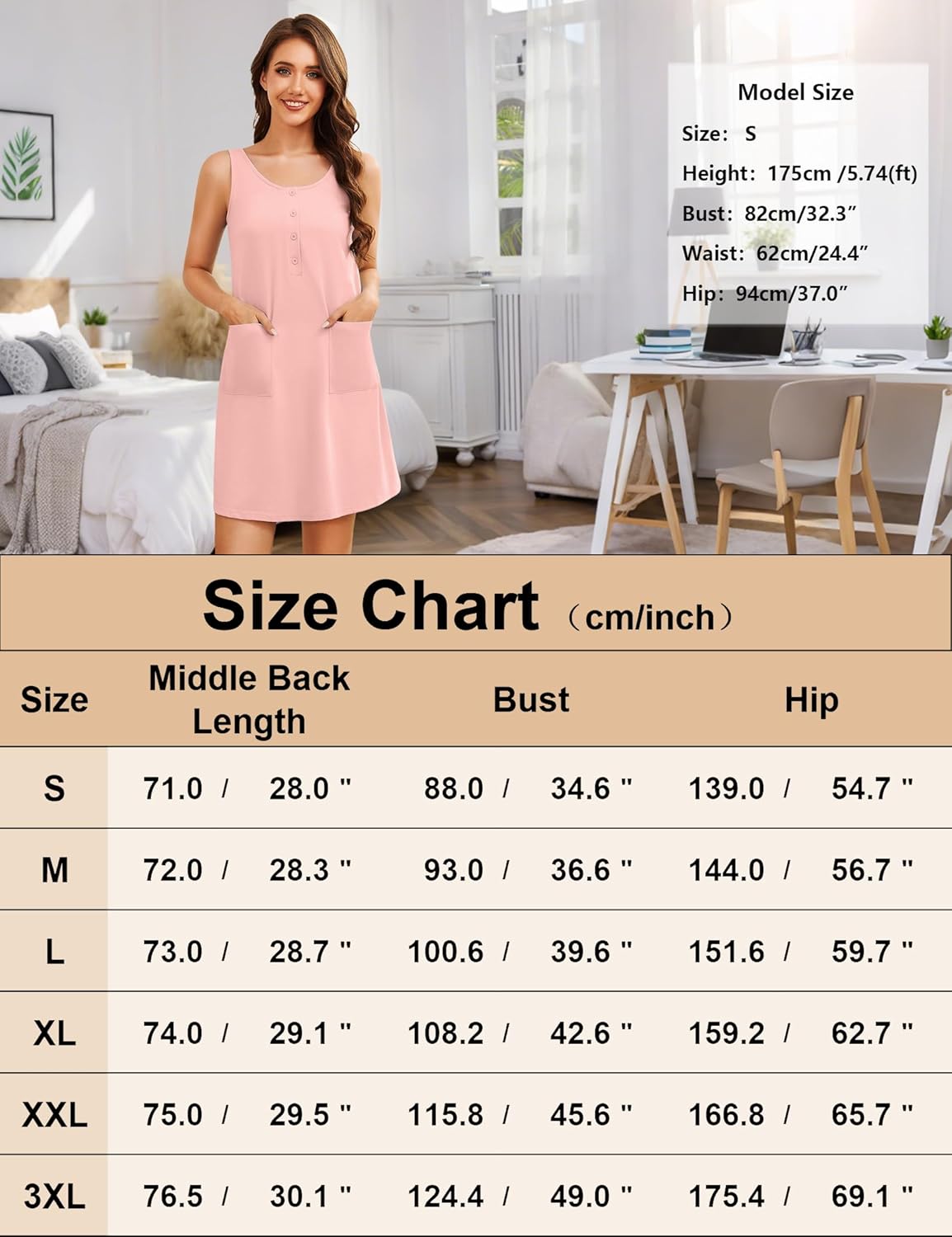 Women's Tank Nightgowns Cotton Night Gown Henley Night Shirts Sleeveless Sleep Dress with Pockets - Image 7