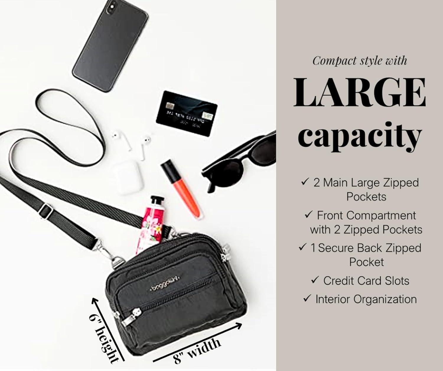 Baggallini Triple Zip Small Crossbody Bag for Women - 8x6 Lightweight Convertible Fanny Pack Belt Bag - Image 4