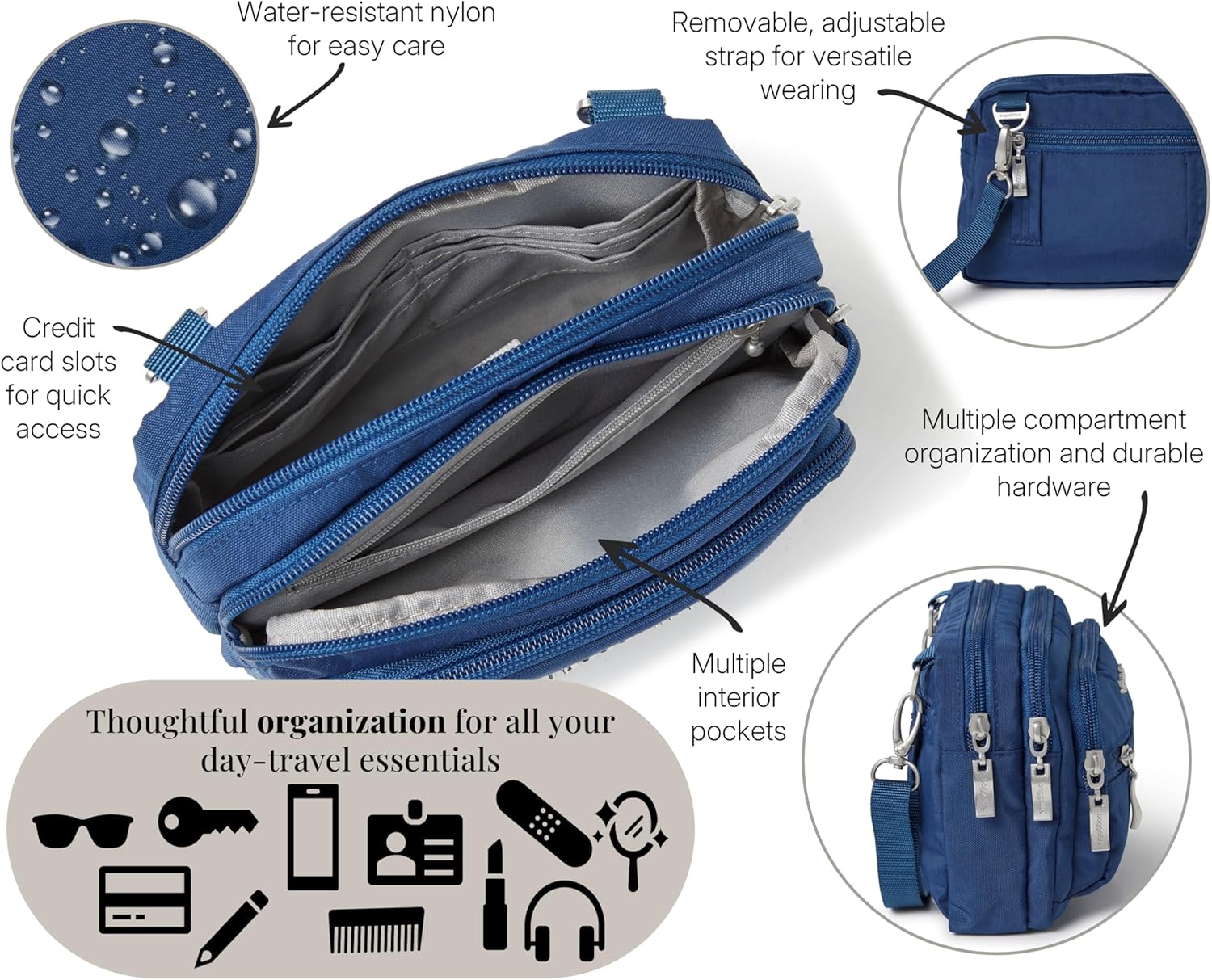 Baggallini Triple Zip Small Crossbody Bag for Women - 8x6 Lightweight Convertible Fanny Pack Belt Bag - Image 5